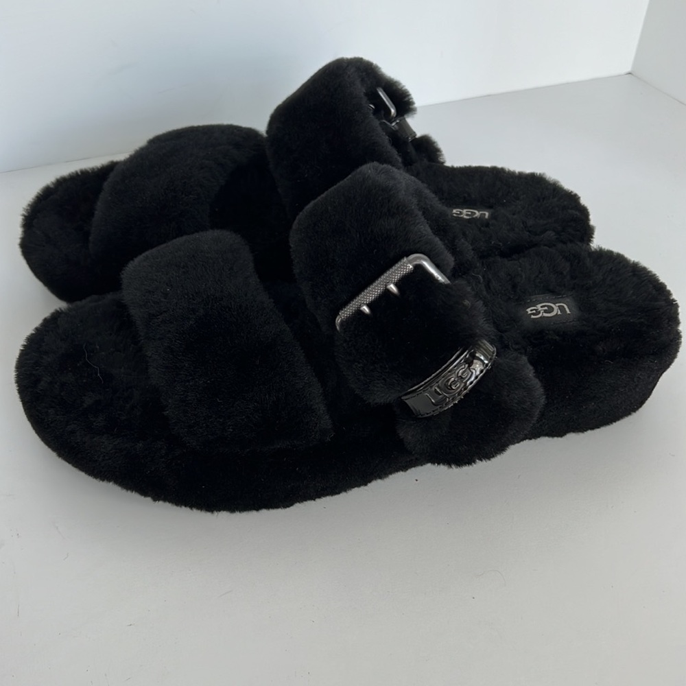 UGG Fuzz Yeah Black Furry Fur Slide Sandal - Picture 9 of 10